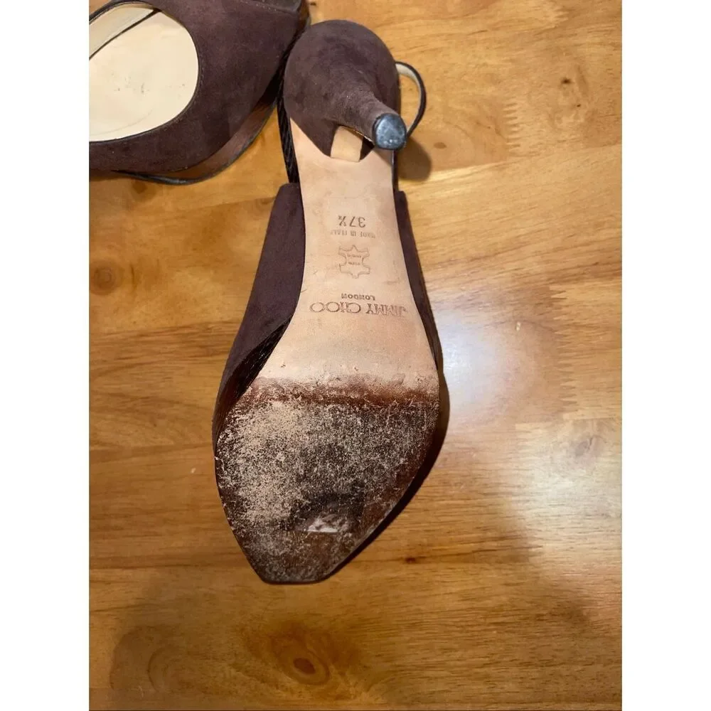 Jimmy‎ Choo Suede Open Toe Pumps Slingback Heels Brown 37.5-7